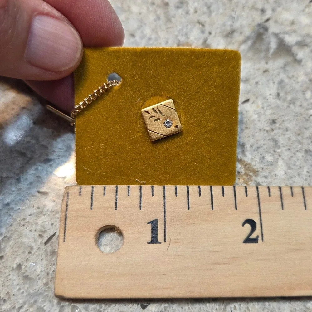 Vintage Goldwall Tie Tack Gold Tone Square Etched Leaf Clear Stone Safety Chain